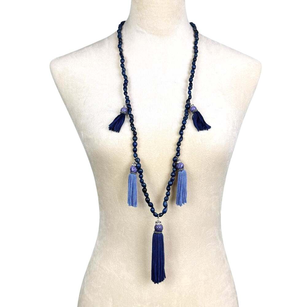 Chico's Cobalt Blue Wood Bead Monochrome Tassels Silver Tone Bling Long Necklace